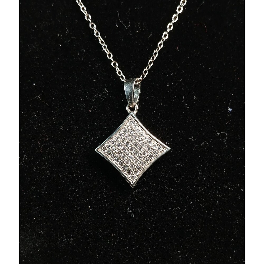 Sterling Silver 925 Diamond Shape CZ Pendant Necklace 16.5"